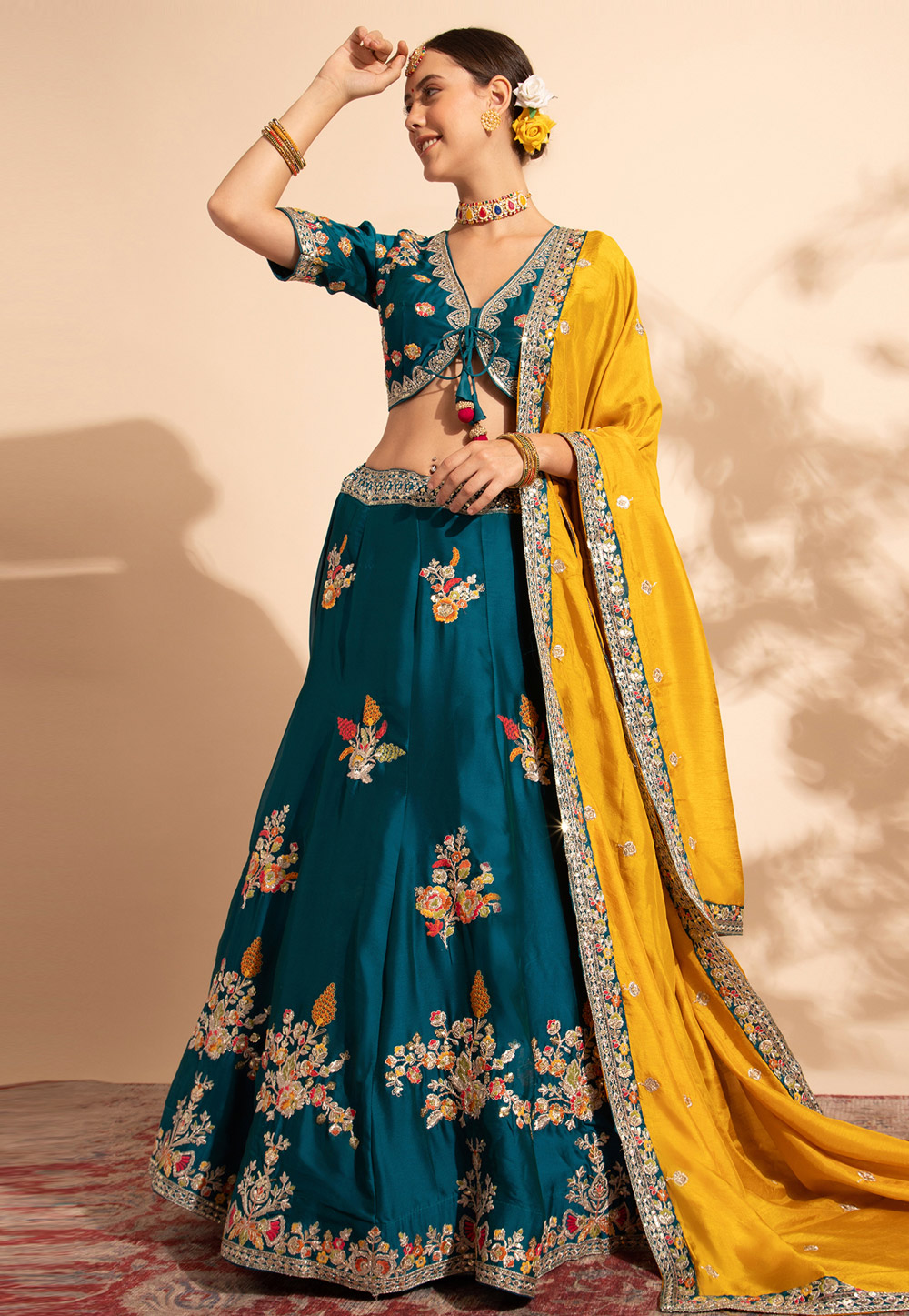 Teal Organza Readymade A Line Lehenga Choli 286408