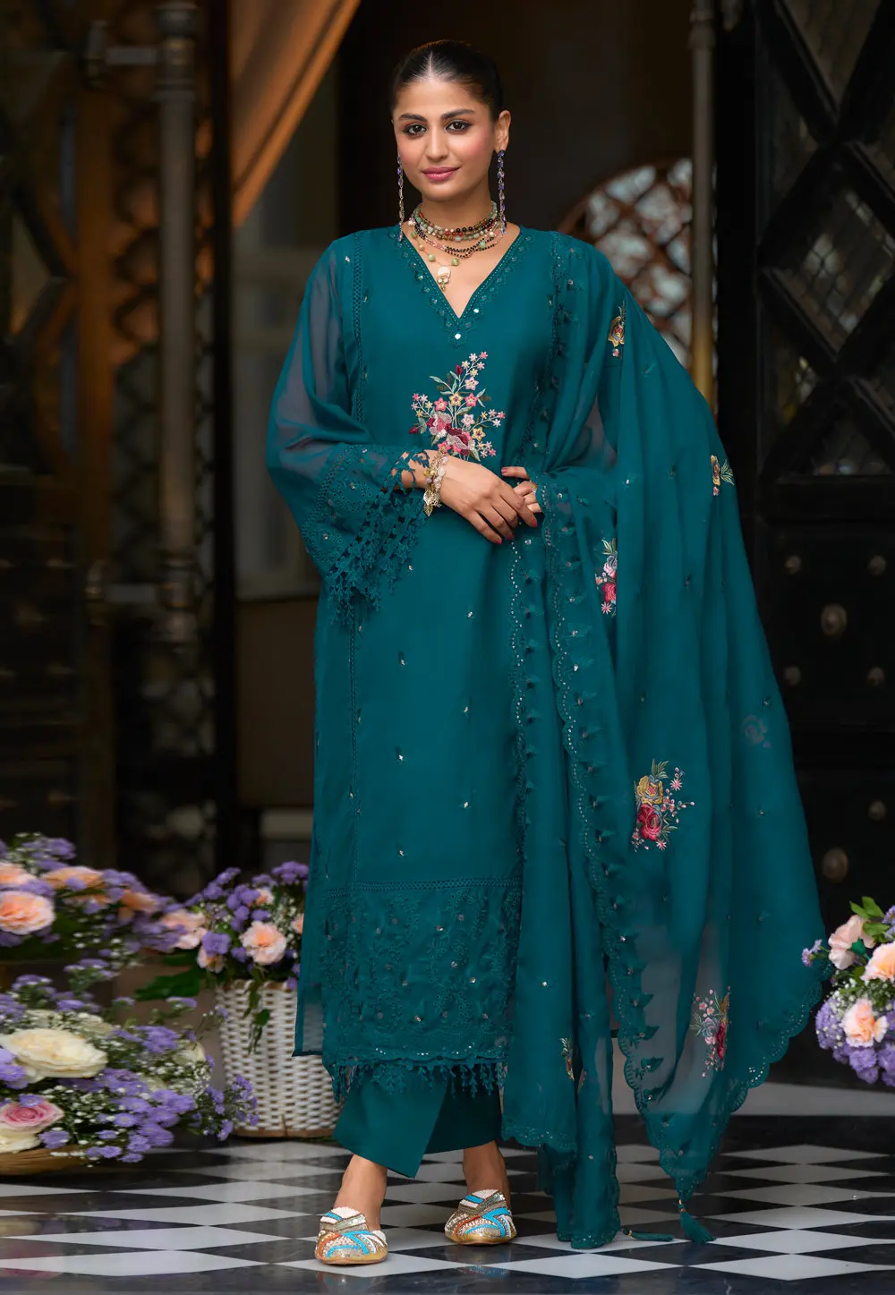 Teal Organza Readymade Pakistani Suit 304431