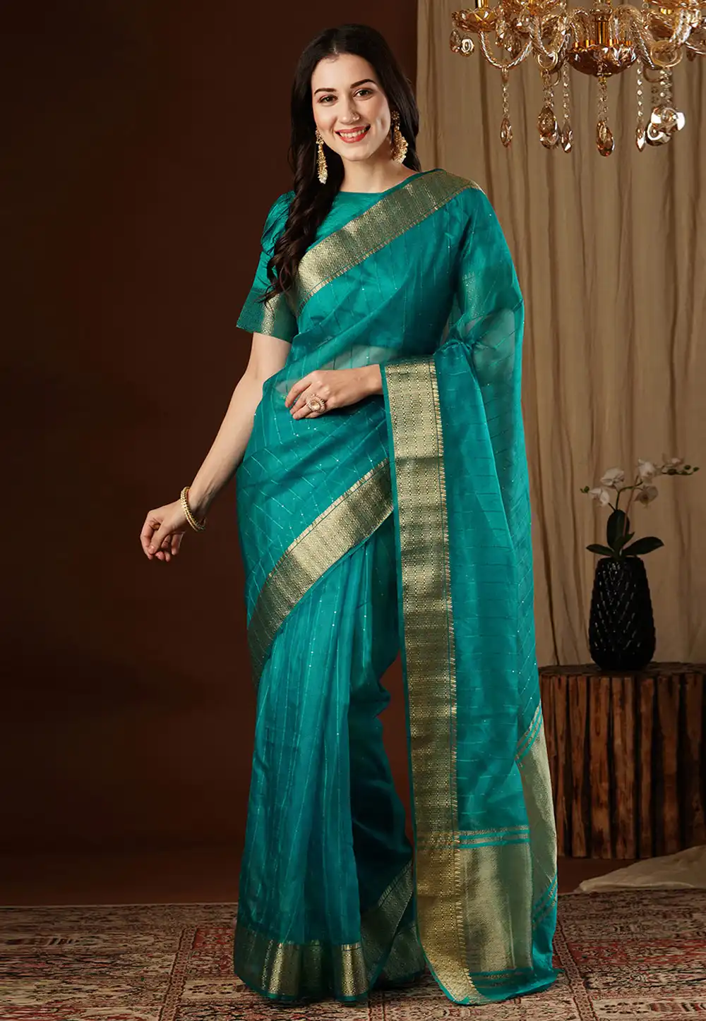 Teal Organza Saree With Blouse 293496