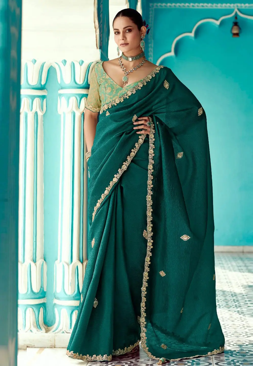 Teal Organza Saree With Blouse 304173