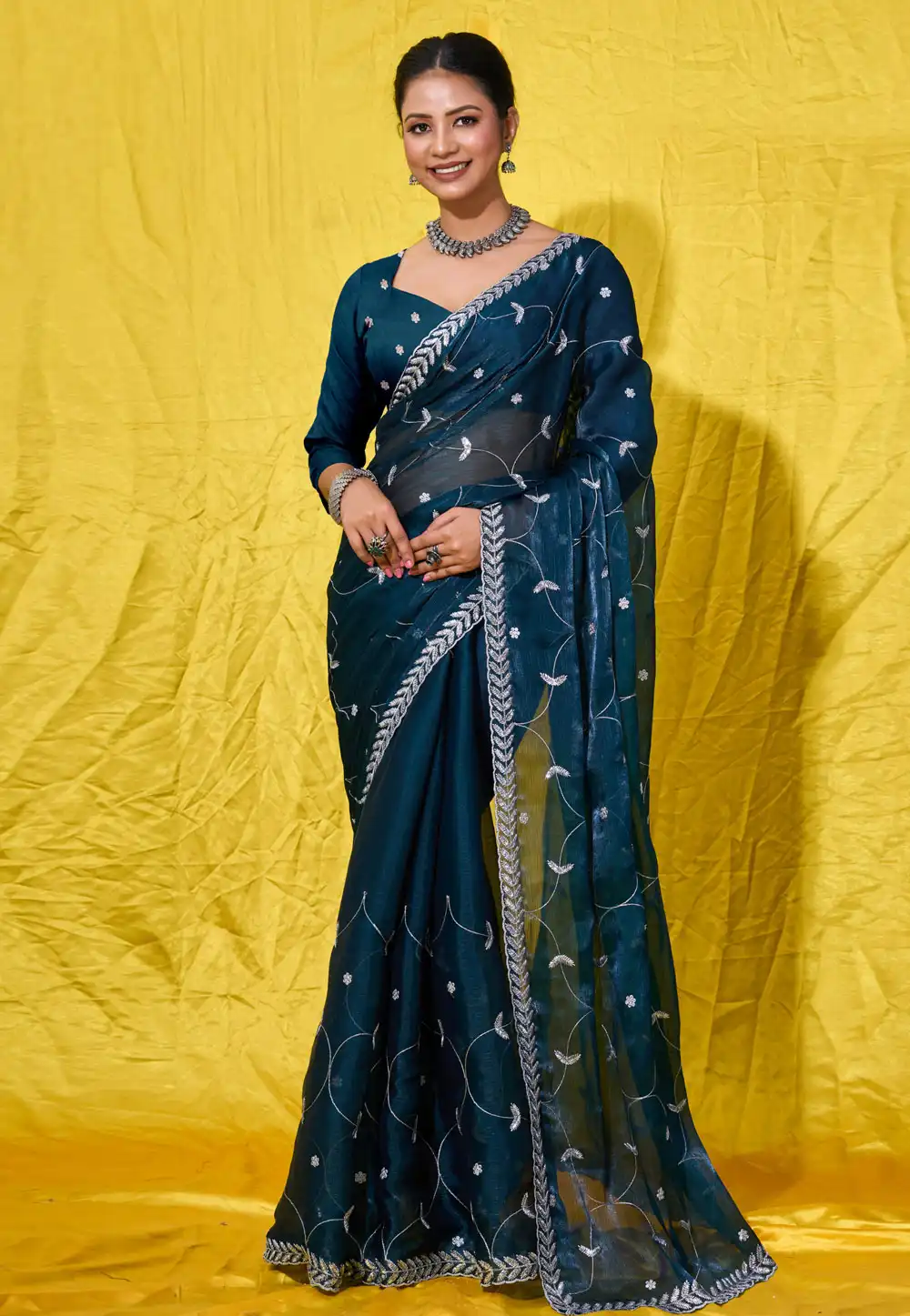 Teal Organza Saree With Blouse 289384