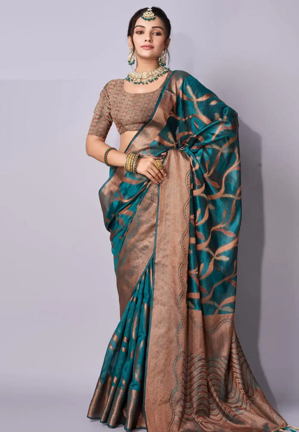 Teal Organza Saree With Blouse 293721