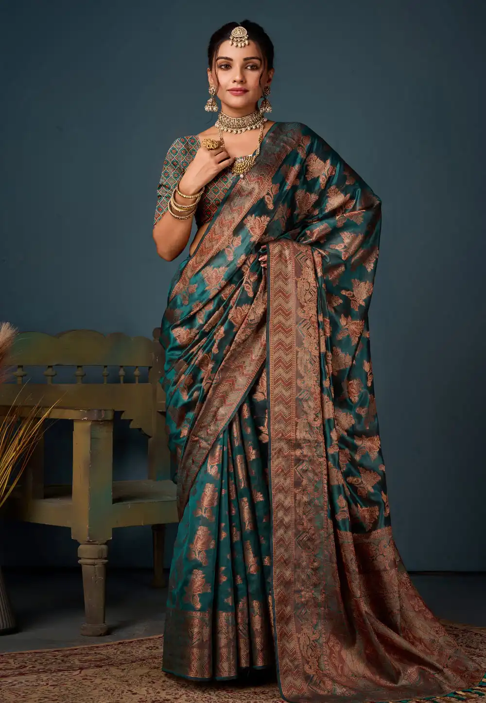 Teal Organza Saree With Blouse 295060