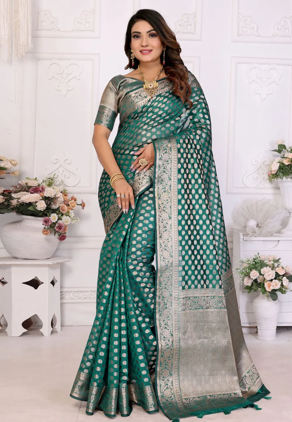 Teal Organza Saree With Blouse 304123