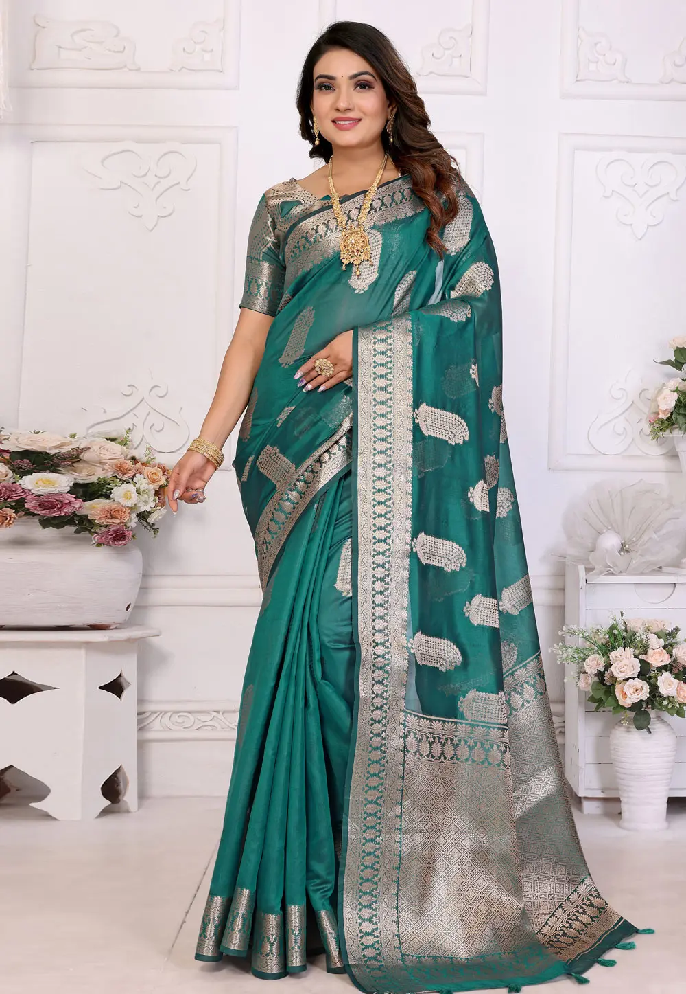 Teal Organza Saree With Blouse 304398