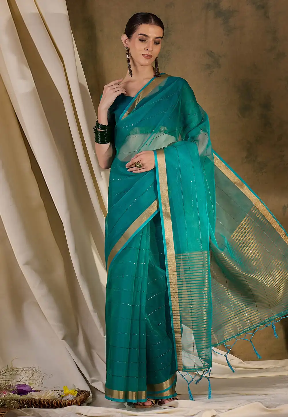 Teal Organza Saree With Blouse 289586