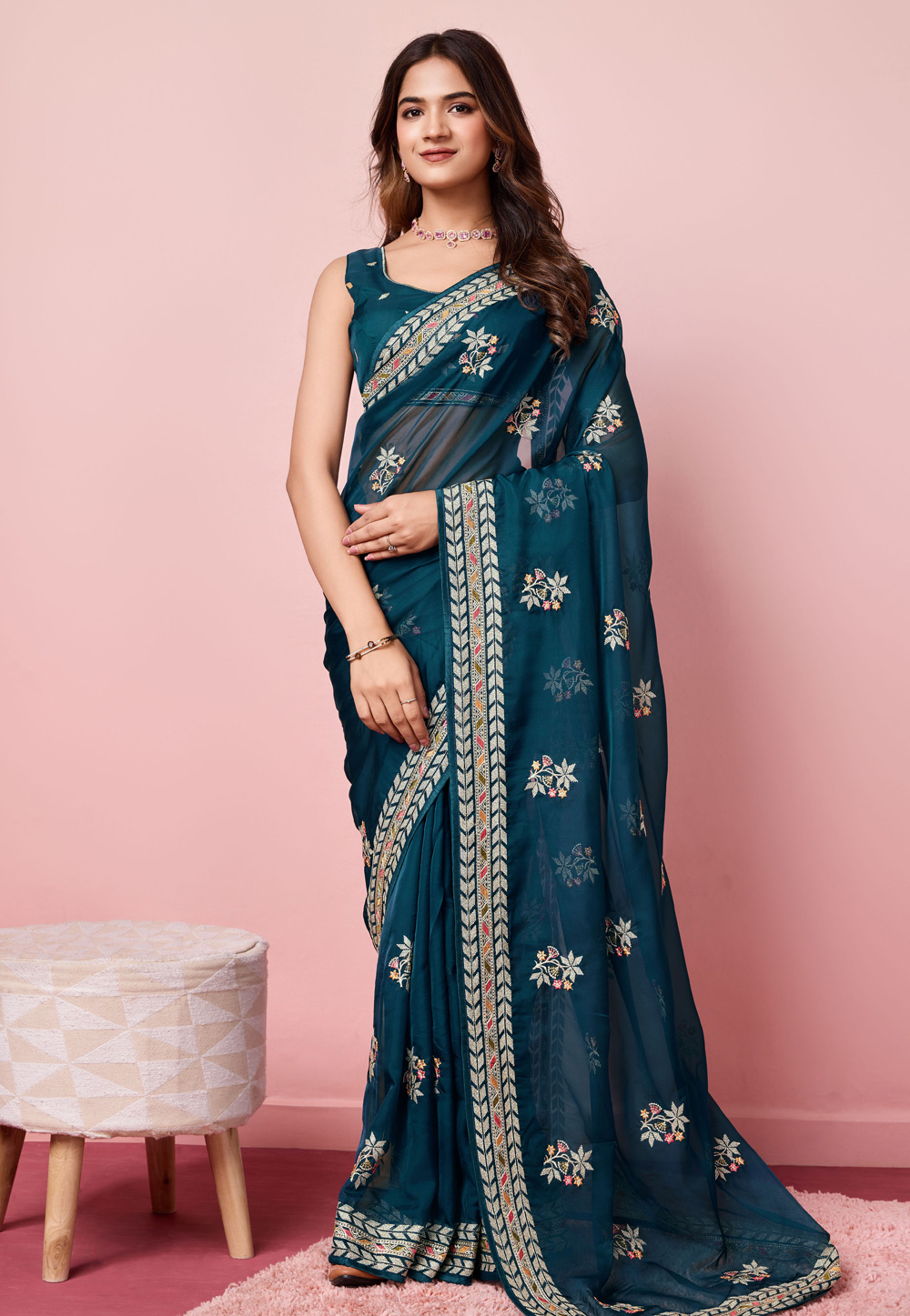 Teal Organza Saree With Blouse 287775