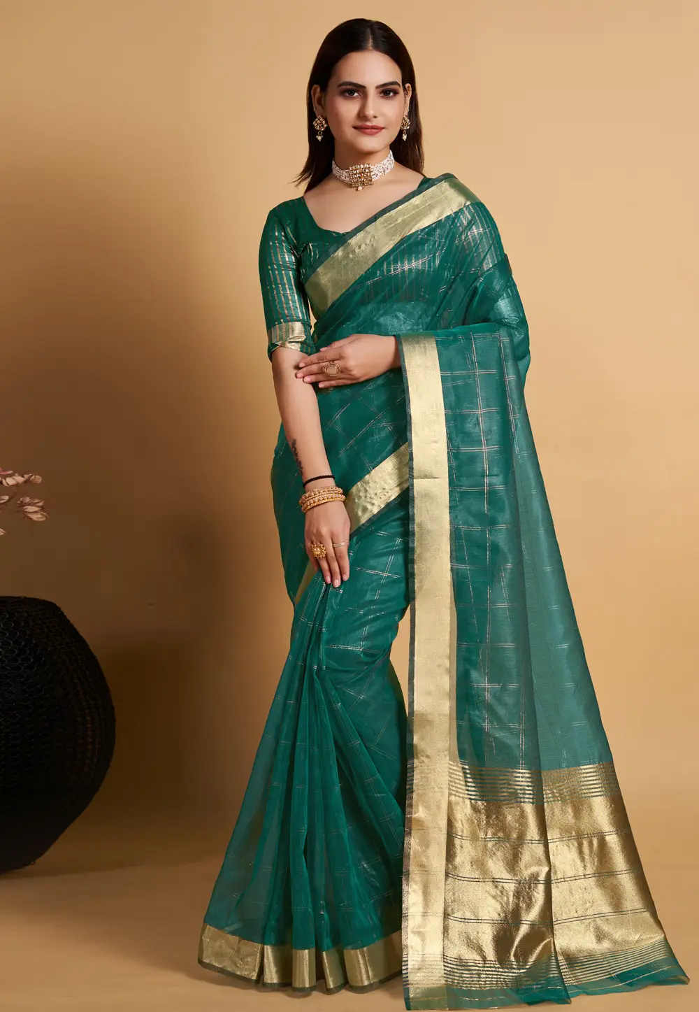 Teal Organza Saree With Blouse 296517