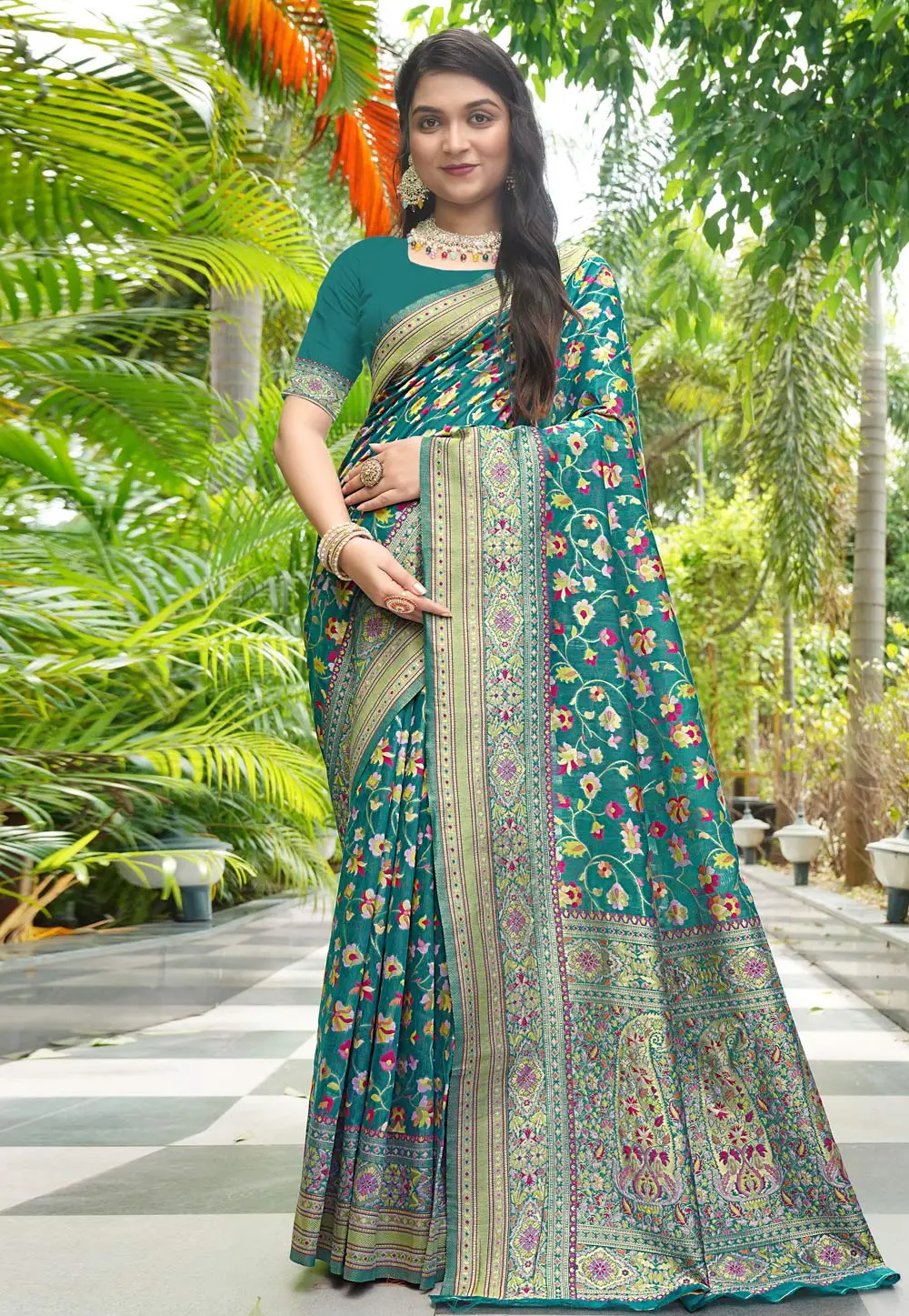 Teal Pashmina Saree With Blouse 296209