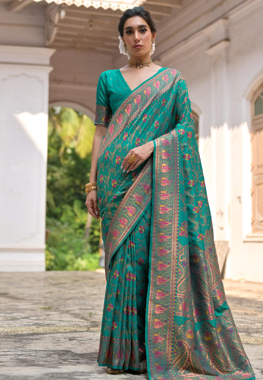 Teal Pashmina Saree With Blouse 305670