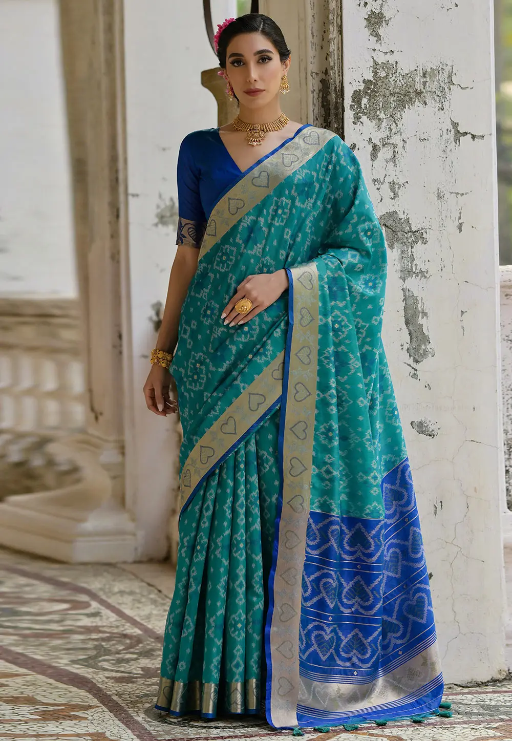 Teal Raw Silk Saree With Blouse 303436