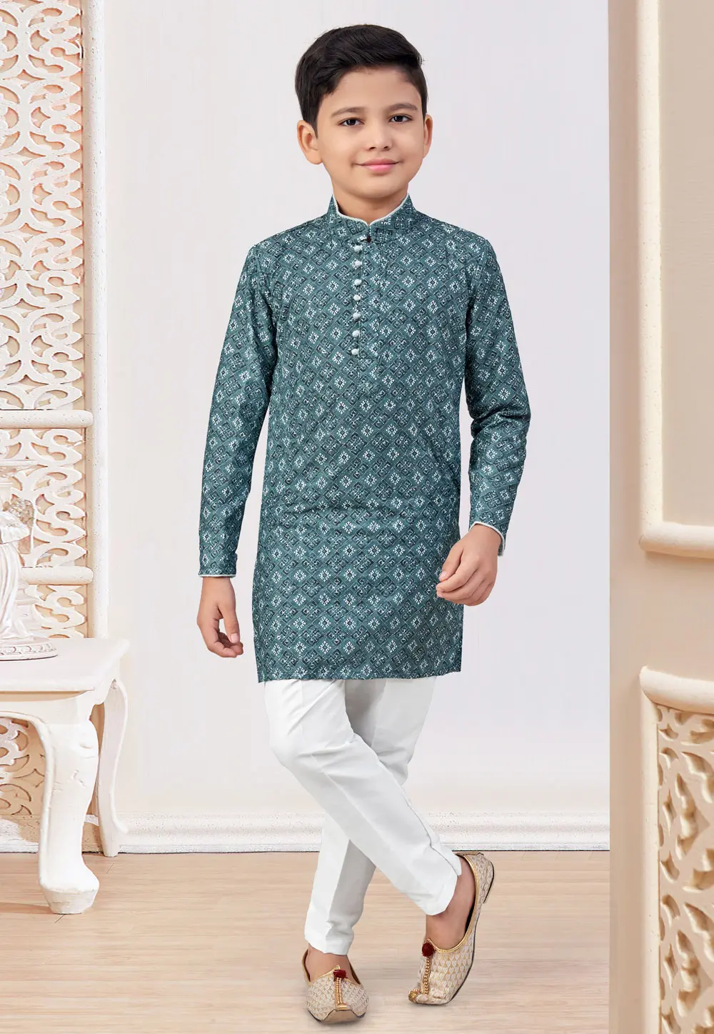 Teal Rayon Kids Kurta Pajama 301349