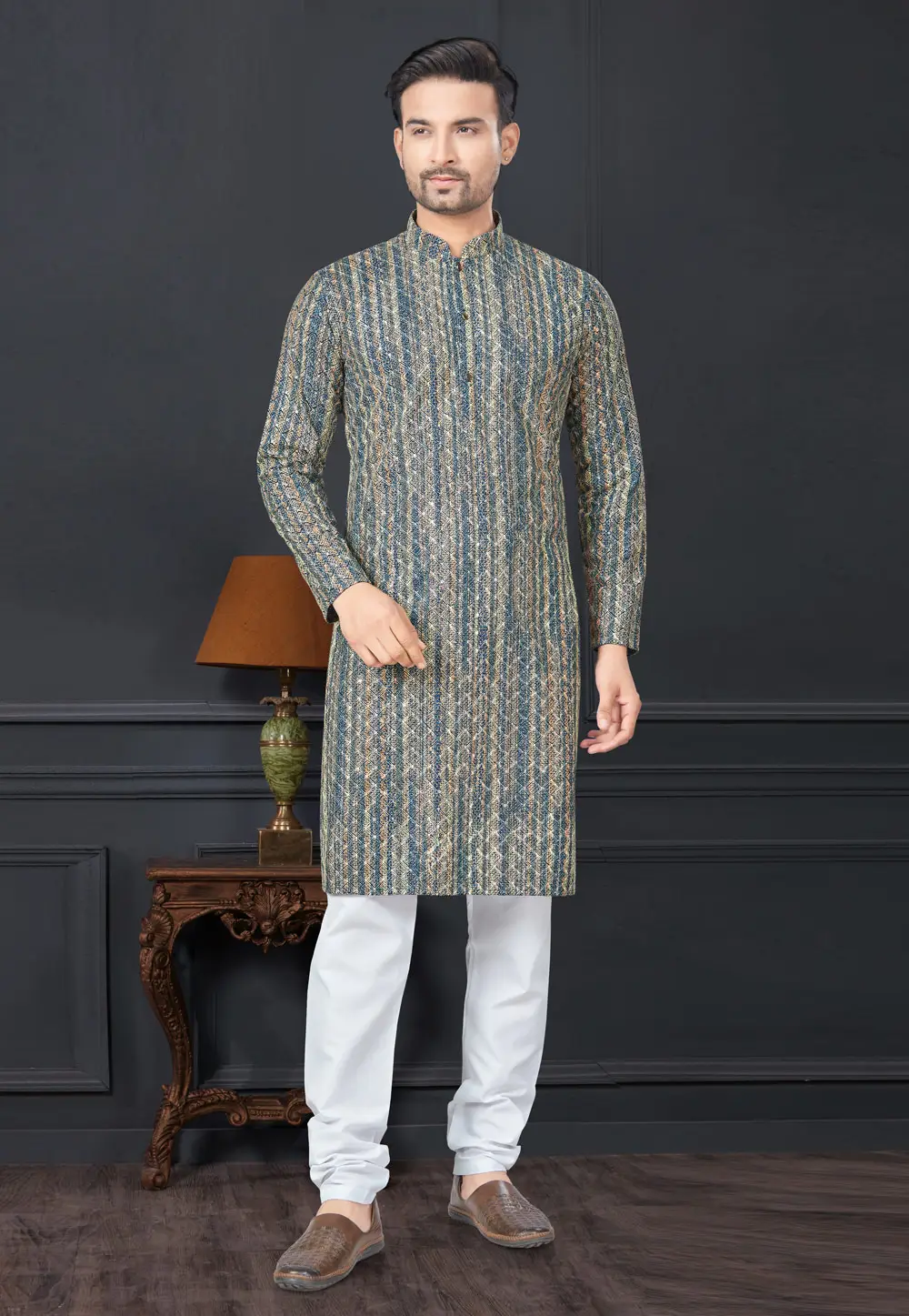 Teal Rayon Kurta Pajama 296615