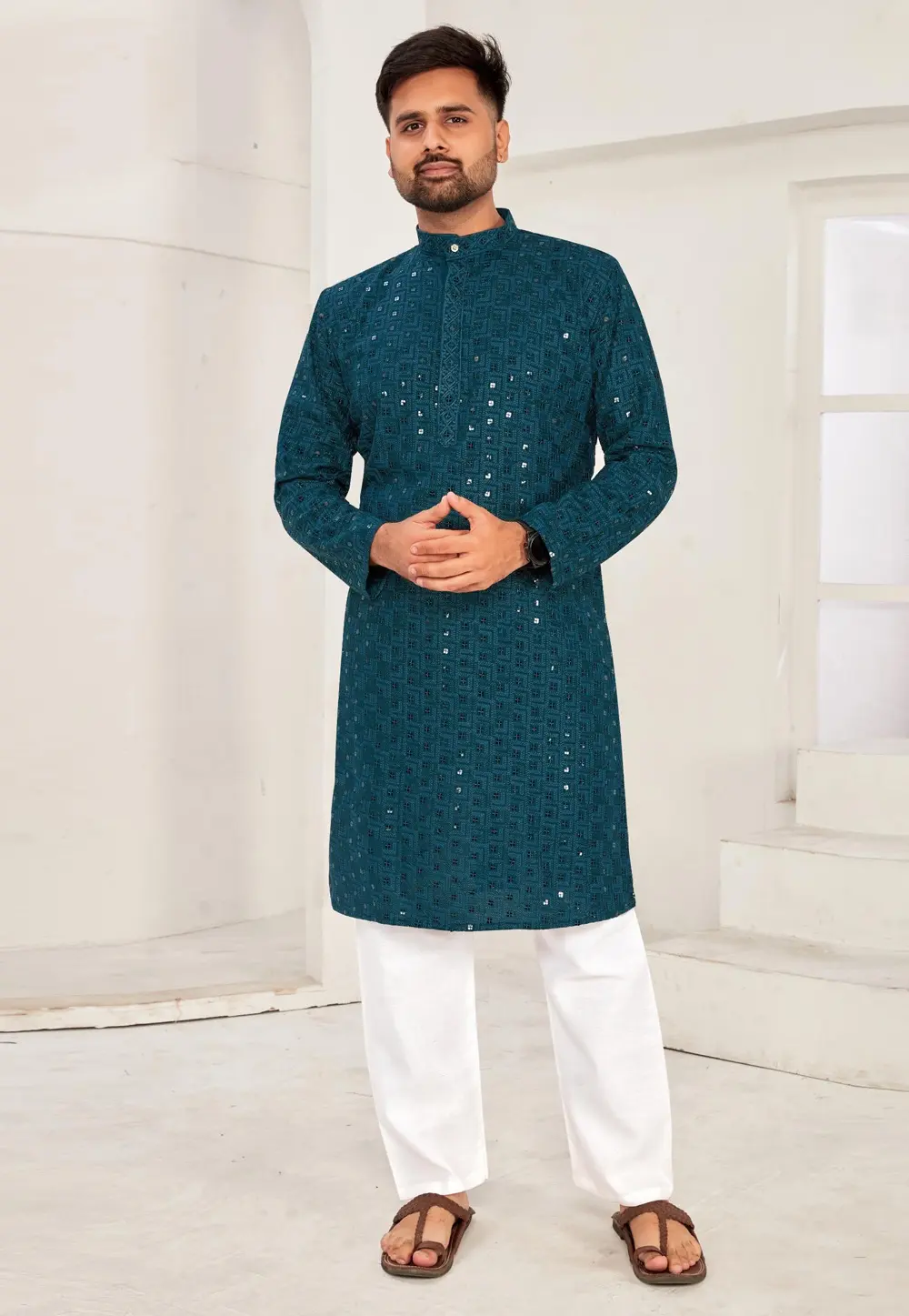 Teal Rayon Kurta Pajama 298125