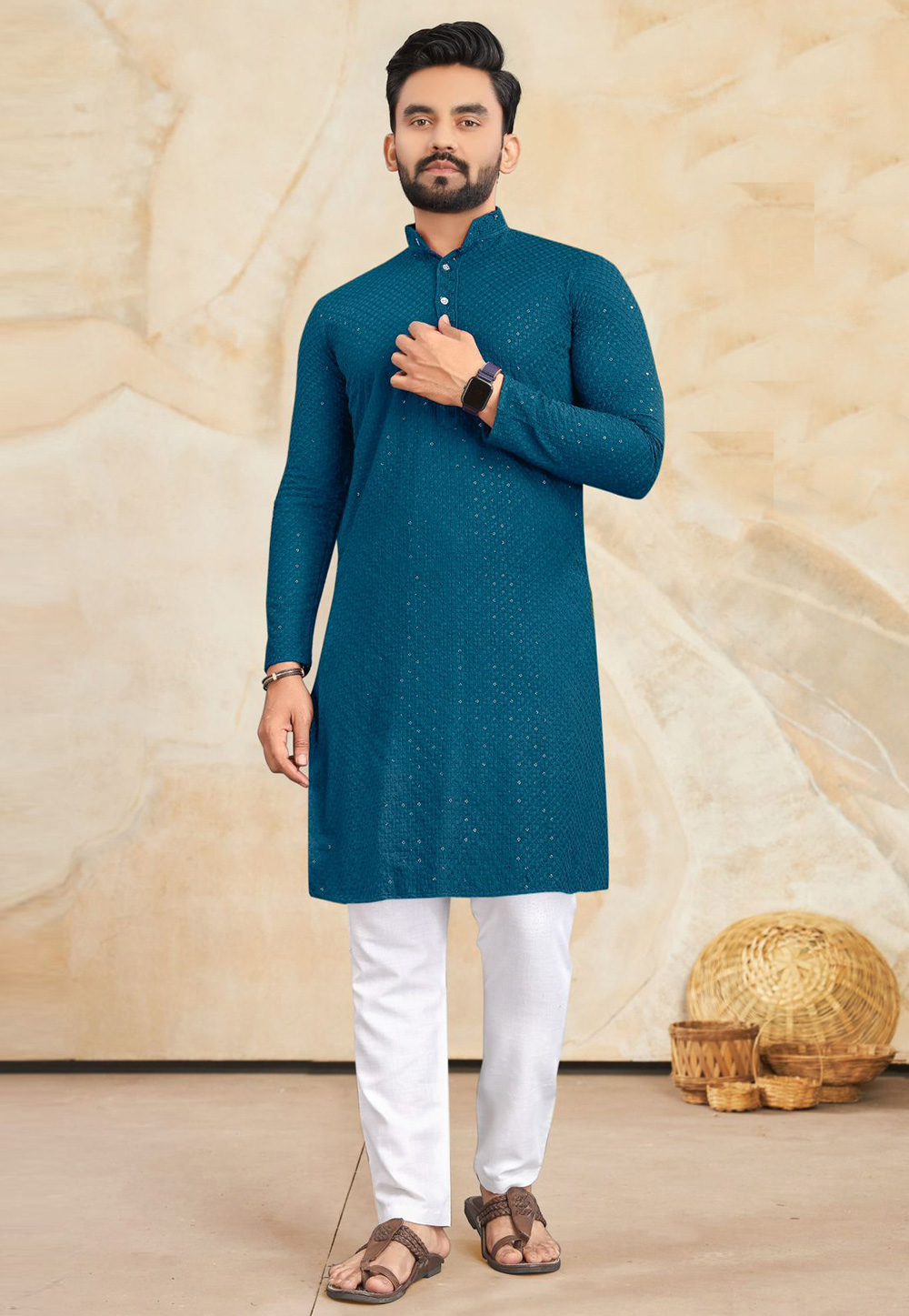 Teal Rayon Kurta Pajama 305782