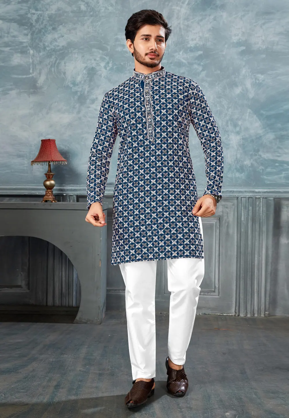 Teal Rayon Kurta Pajama 298135