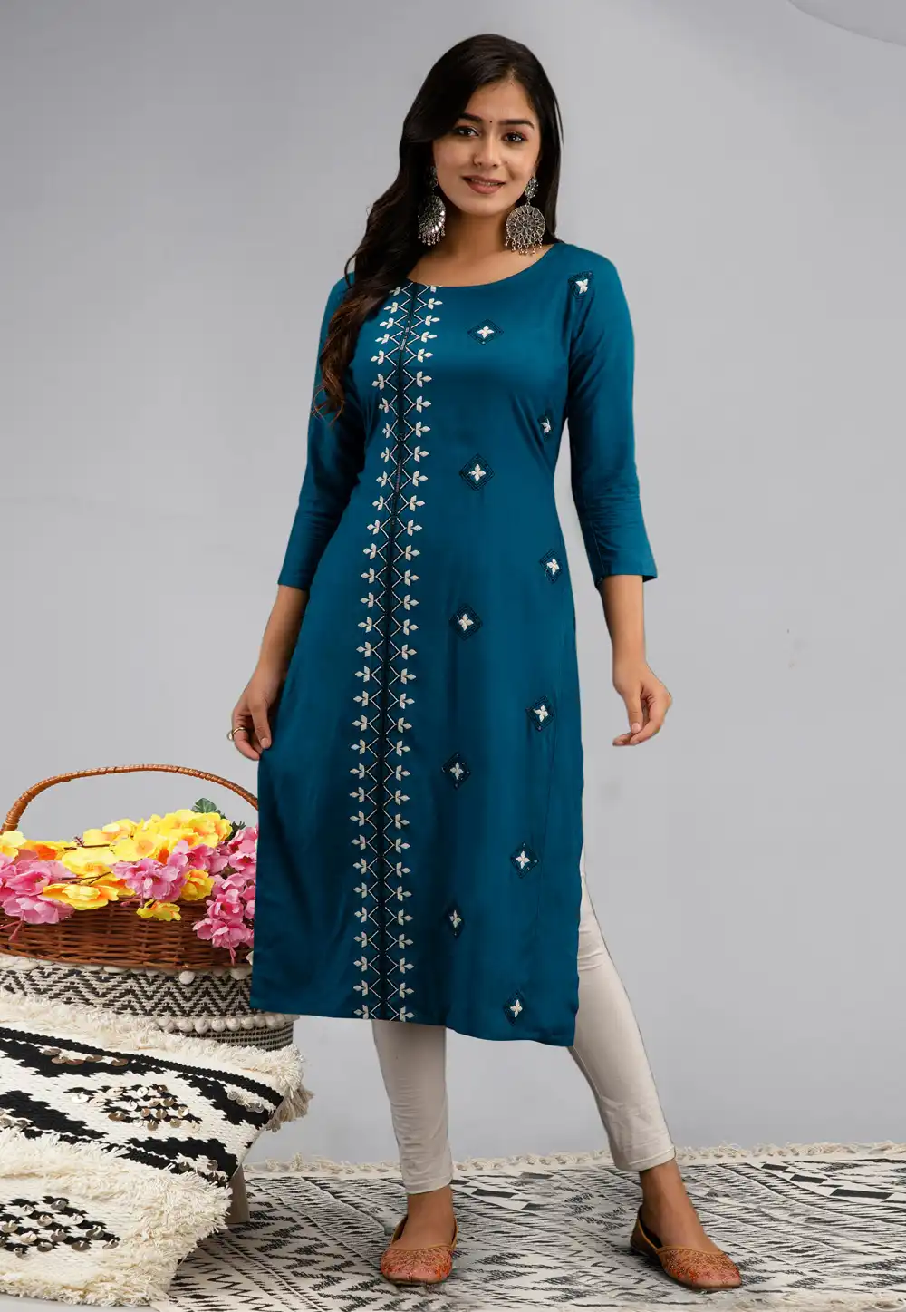 Teal Rayon Long Kurti 288161