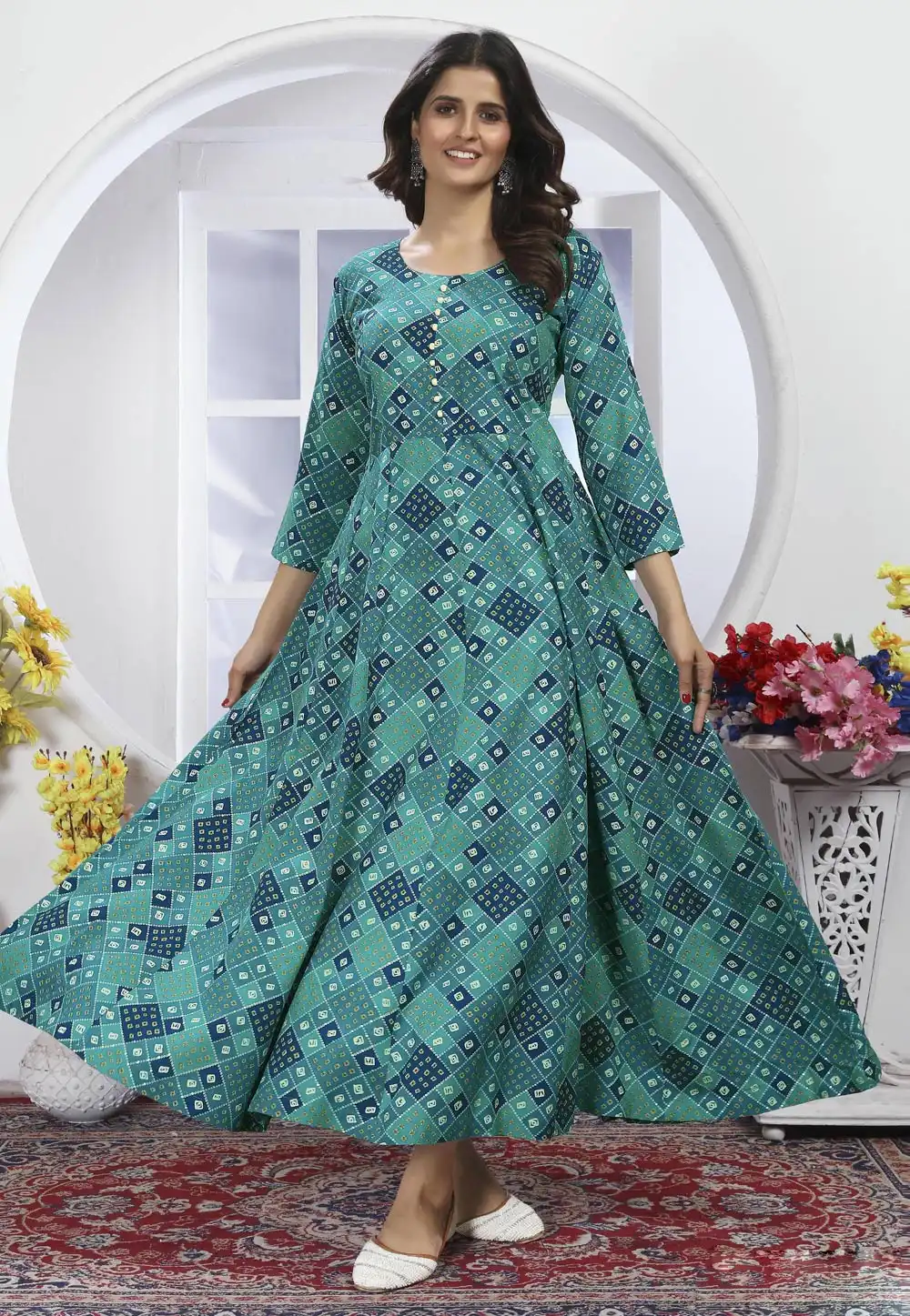 Teal Rayon Printed Gown 288379