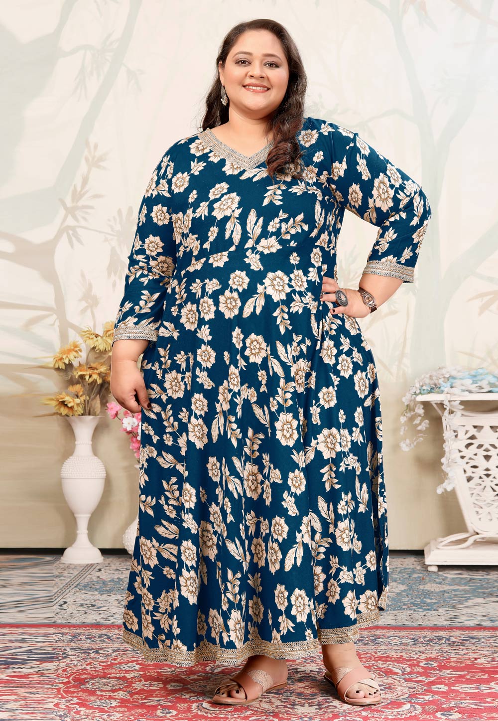 Teal Rayon Printed Long Tunic 309069