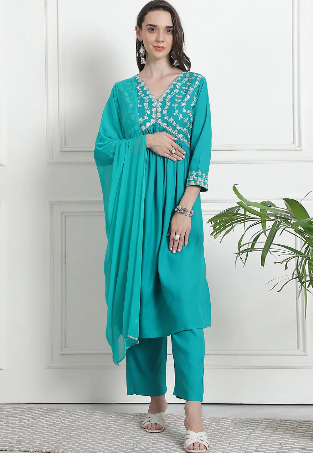 Teal Rayon Readymade Pakistani Suit 303475