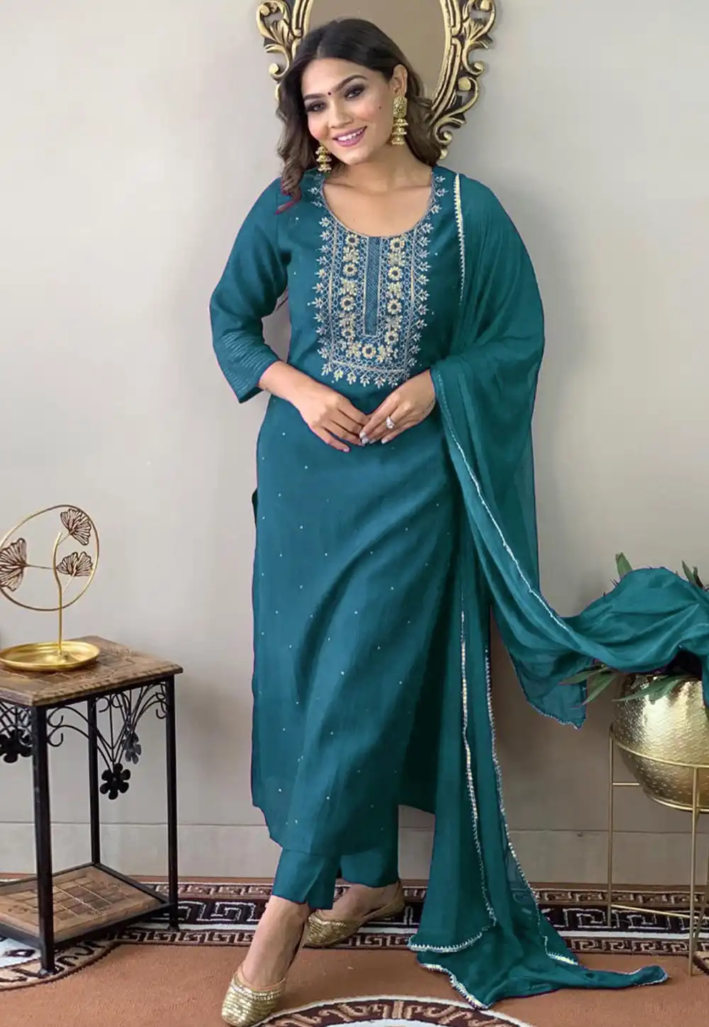 Teal Rayon Readymade Pakistani Suit 290895