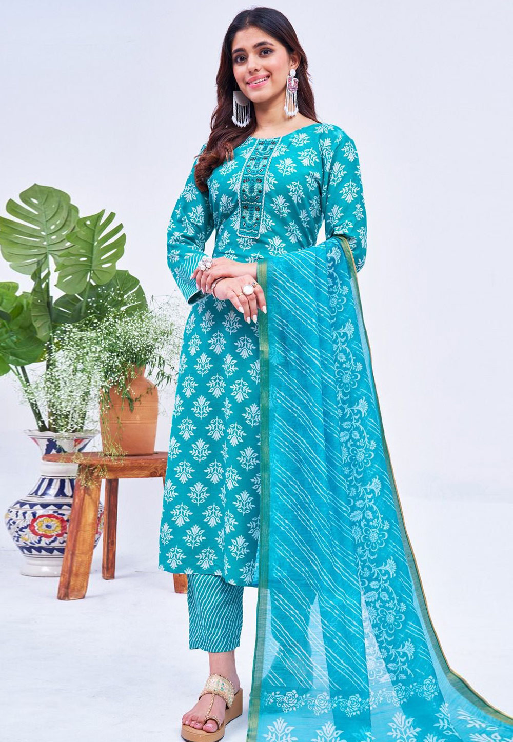 Teal Rayon Readymade Pant Style Suit 305260