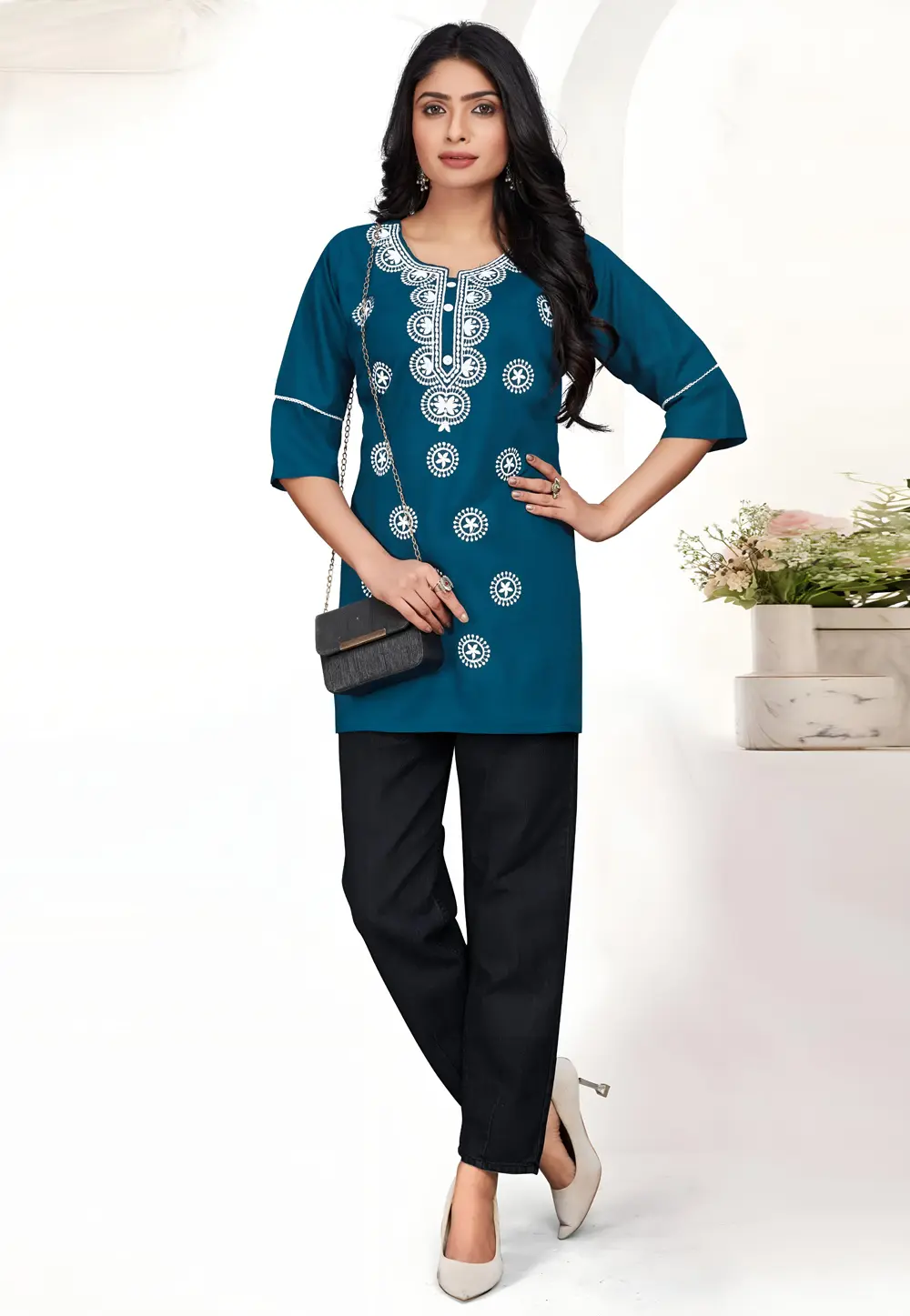 Teal Rayon Short Kurti 301159