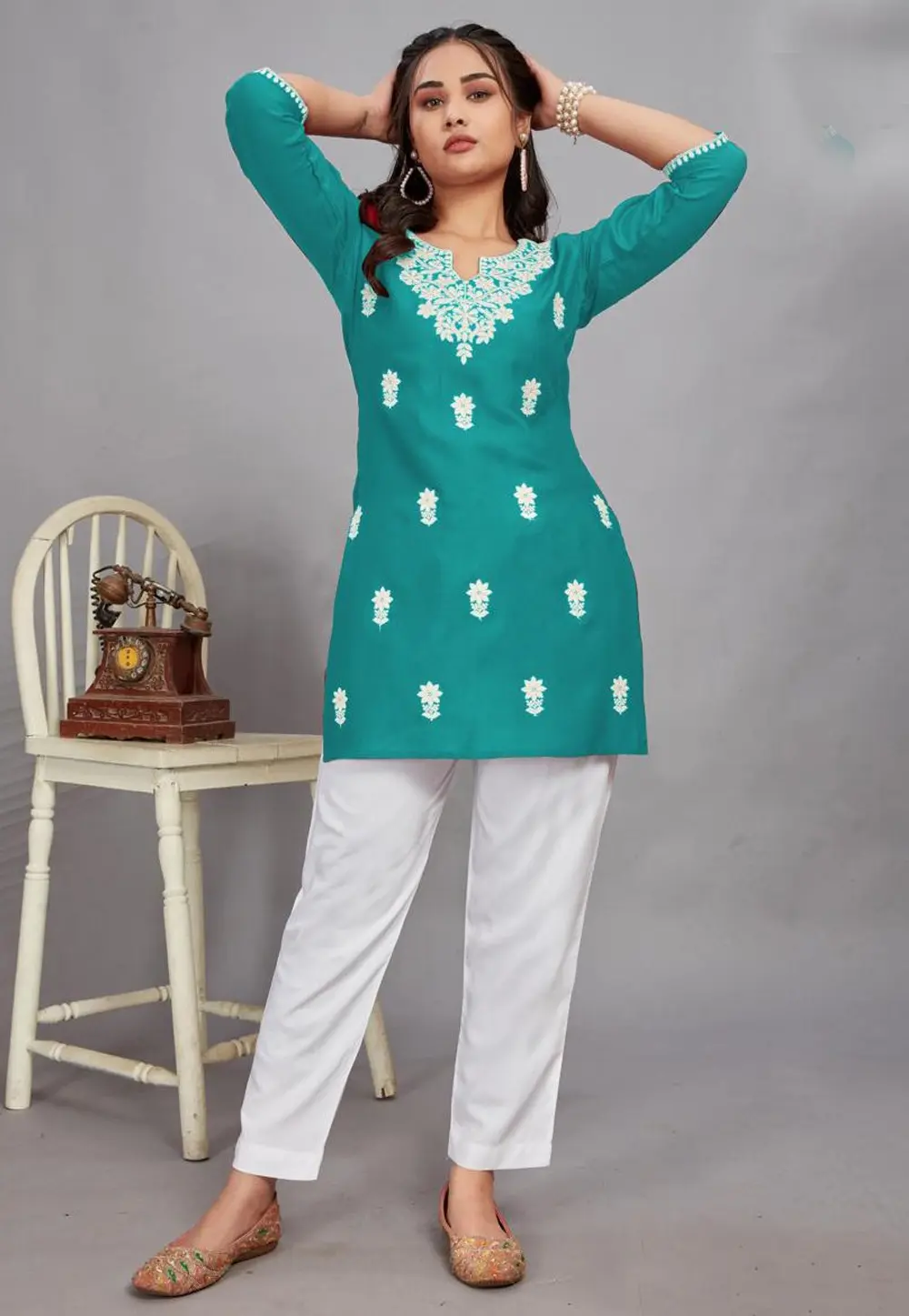 Teal Rayon Short Kurti for Women 304366