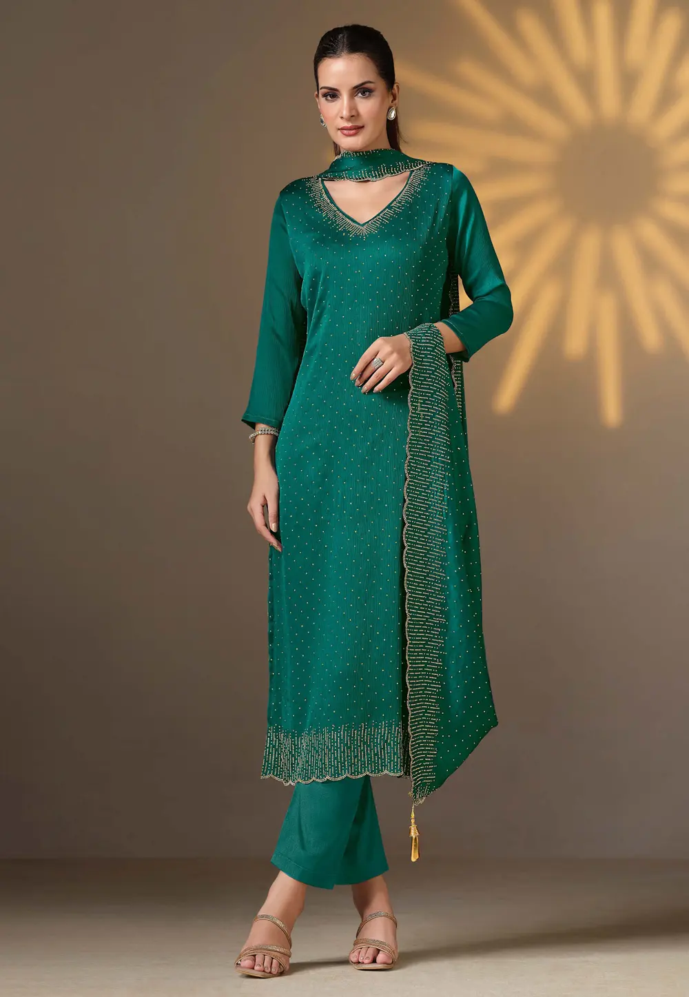 Teal Satin Chiffon Pakistani Suit 297309