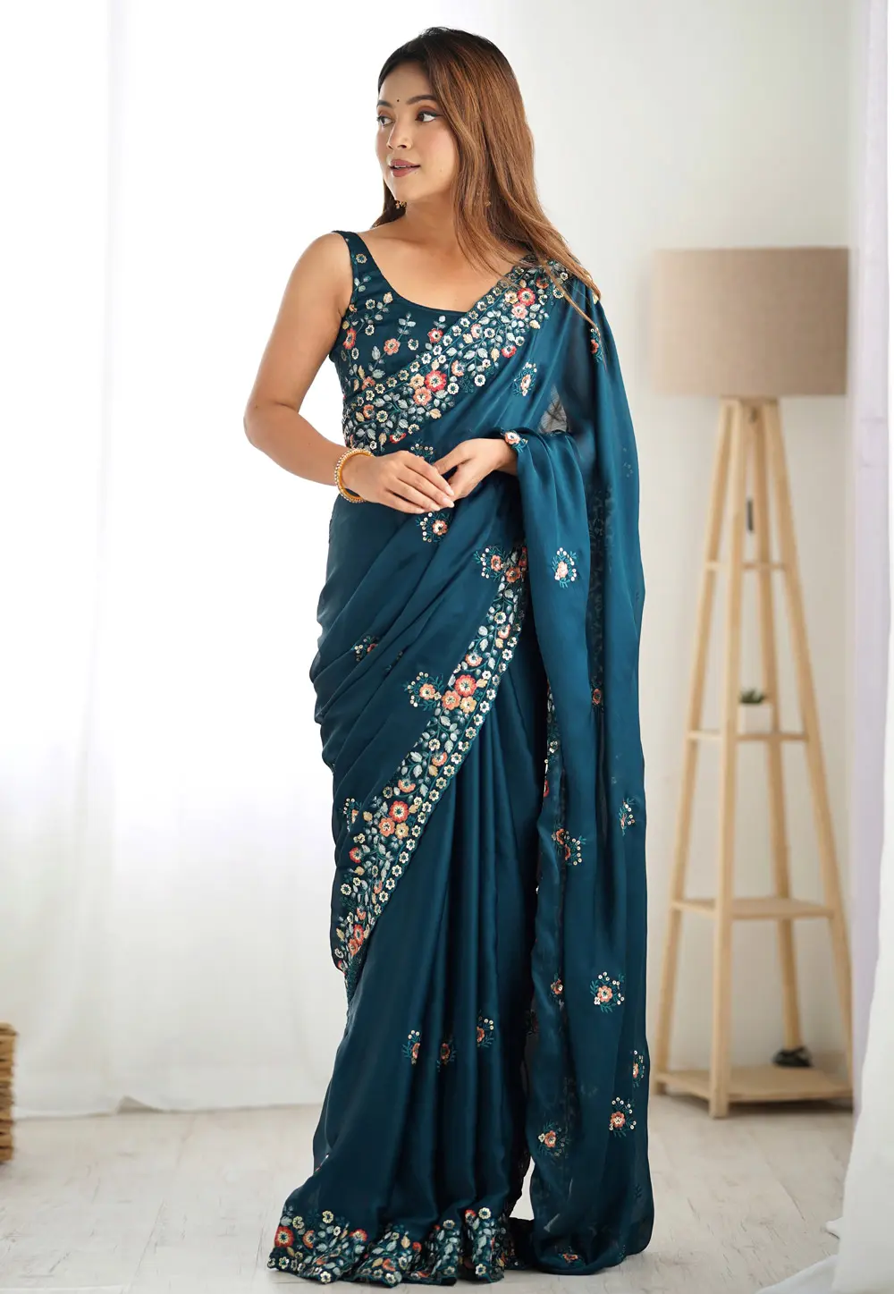 Teal Satin Chiffon Saree With Blouse 300322