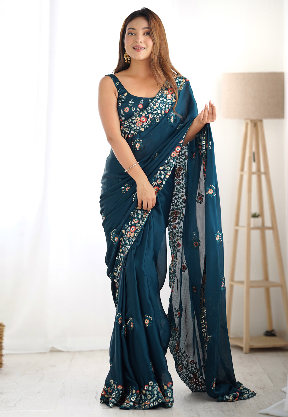 Teal Satin Chiffon Saree With Blouse 310276