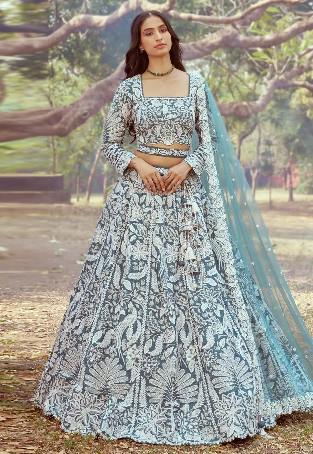 Teal Satin Circular Lehenga Choli 299142