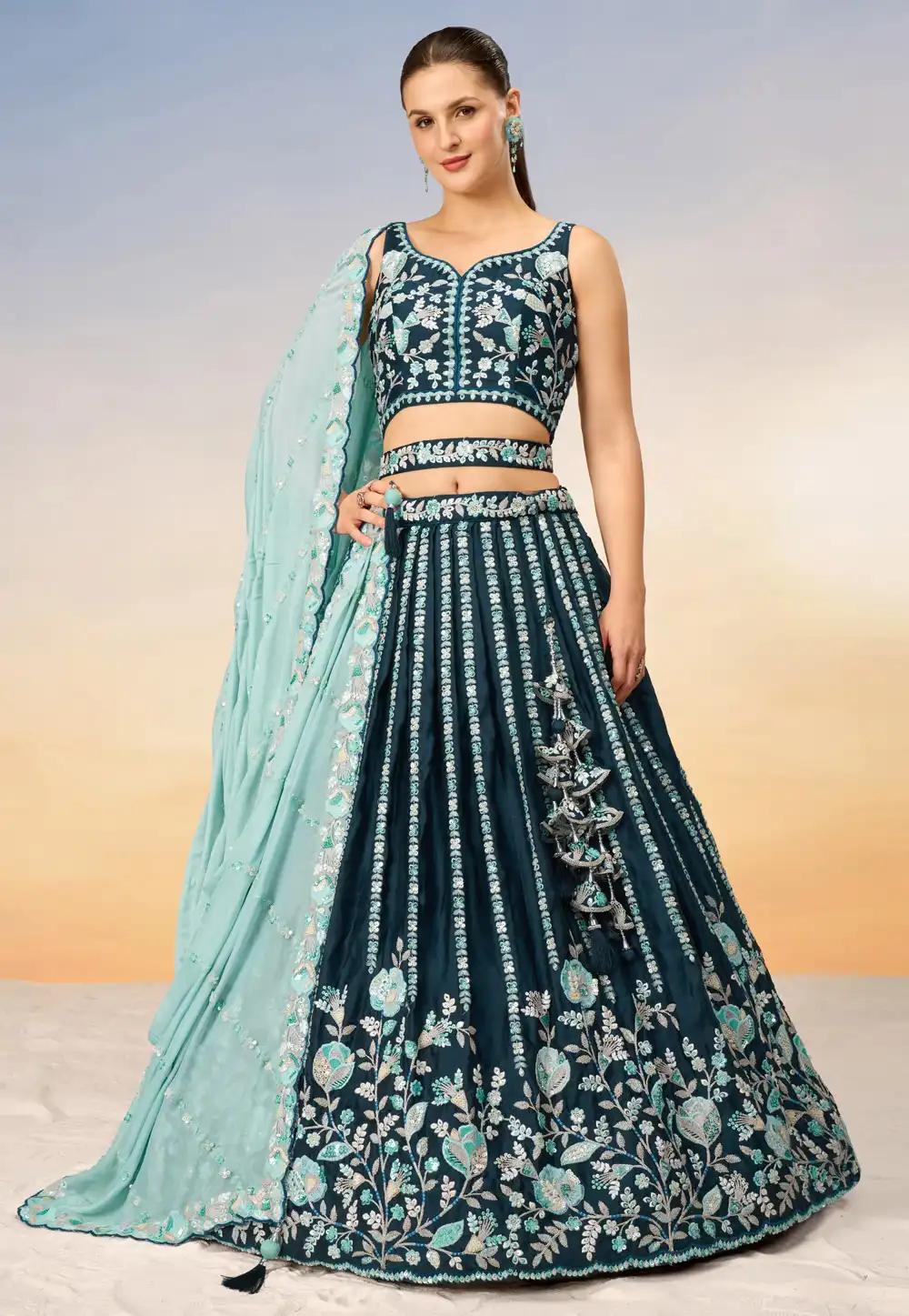 Teal Satin Circular Lehenga Choli 288795