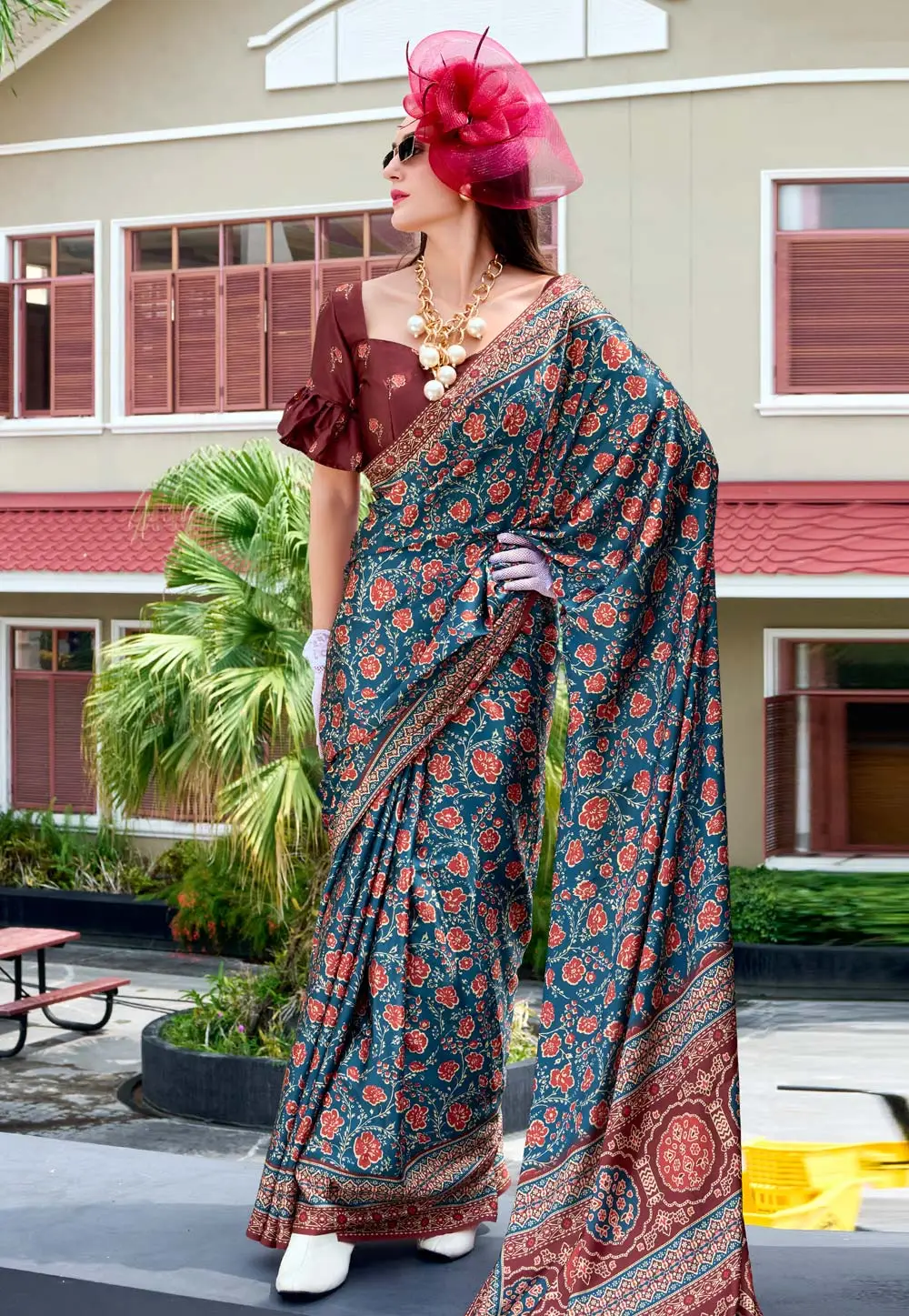 Teal Satin Crepe Saree With Blouse 295727