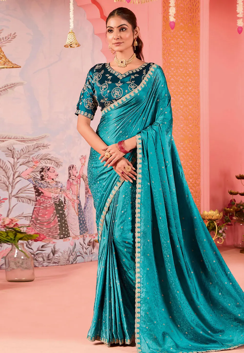 Teal Satin Jacquard Saree With Blouse 302059