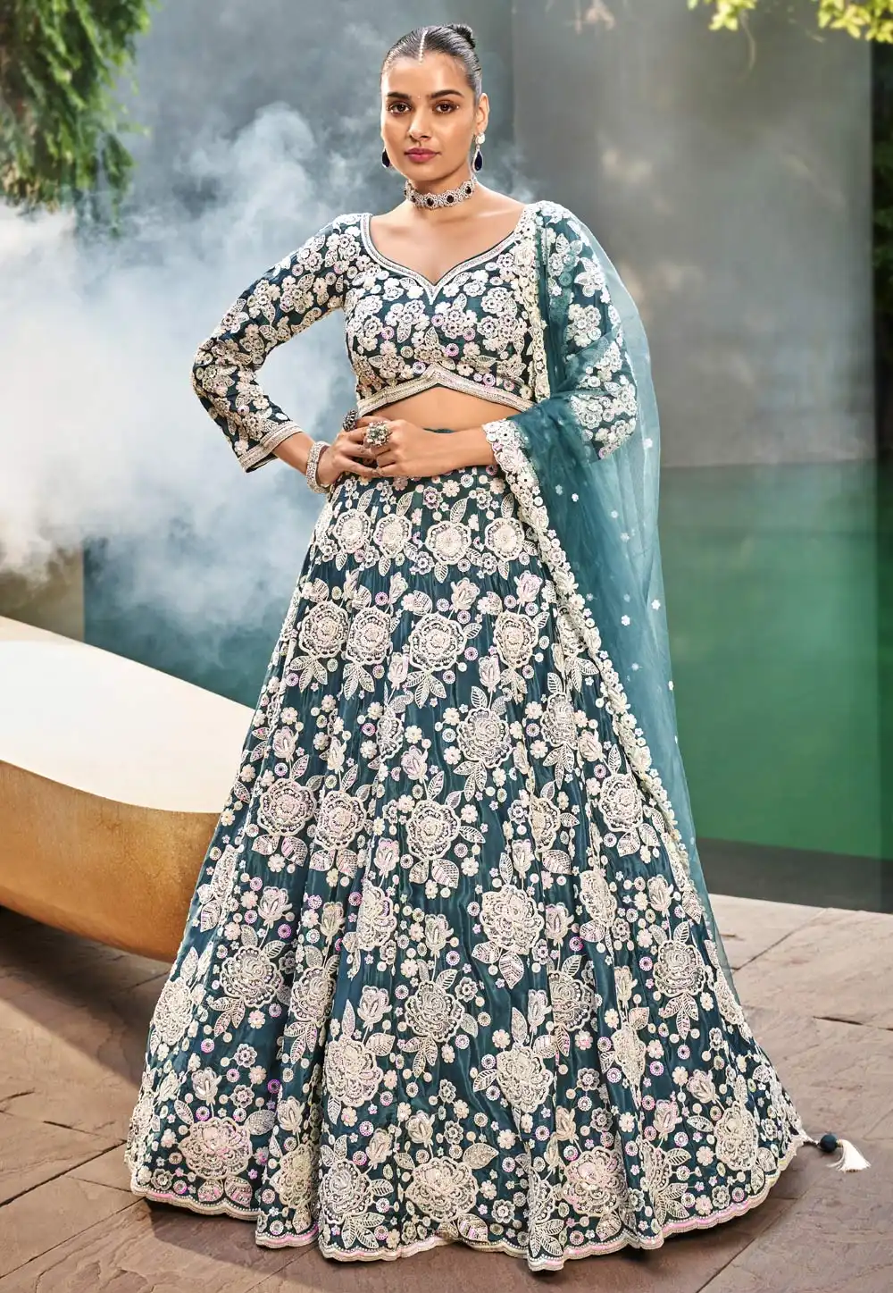 Teal Satin Lehenga Choli For Wedding 294447