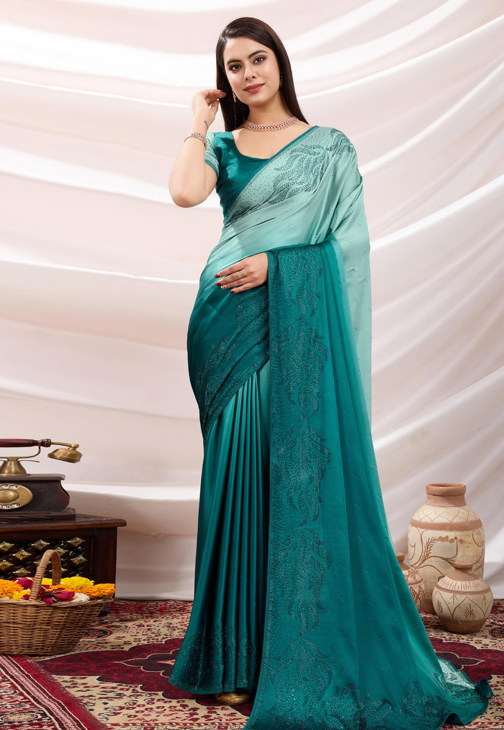 Teal Satin Saree With Blouse 305563