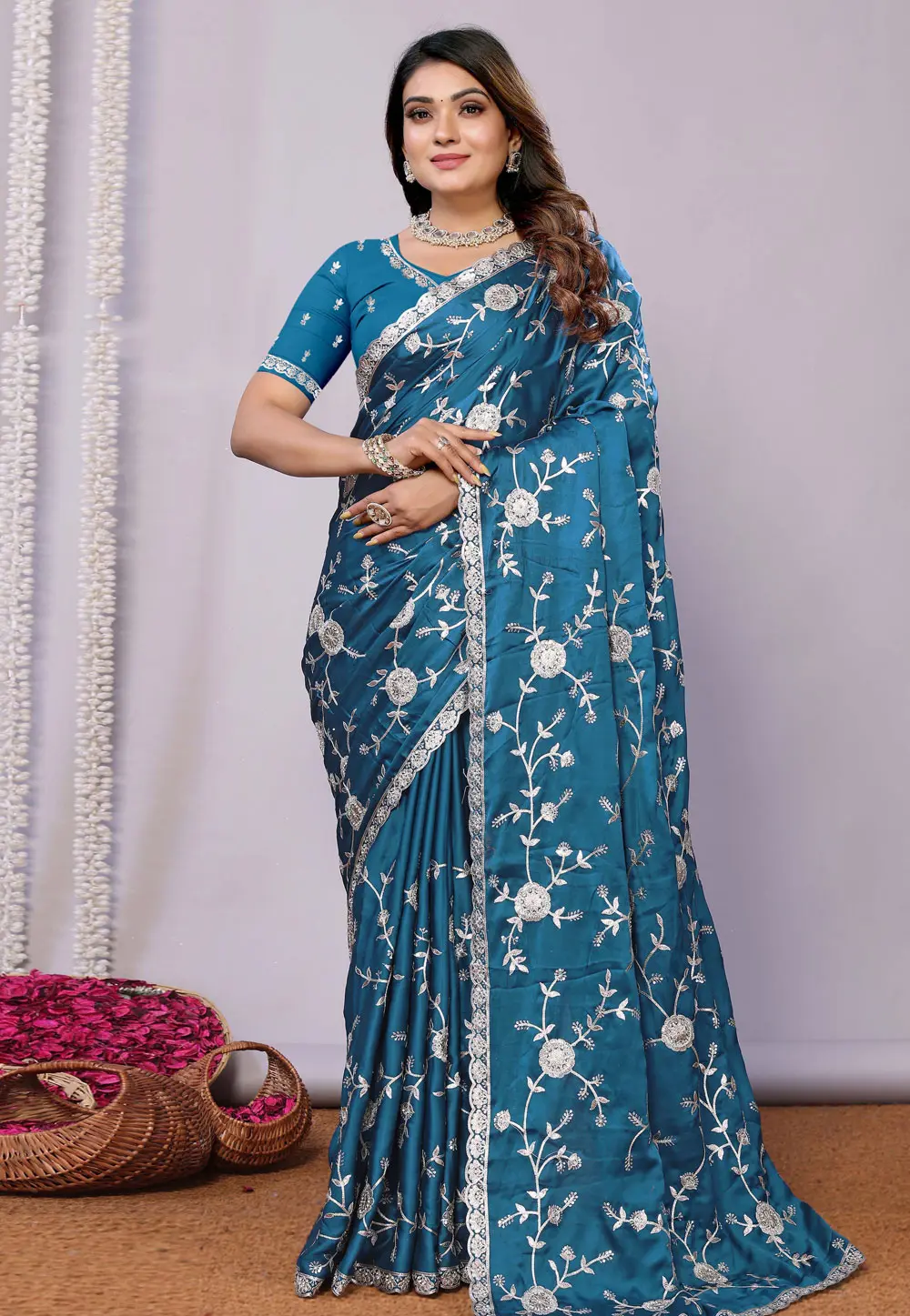 Teal Satin Saree With Blouse 300588