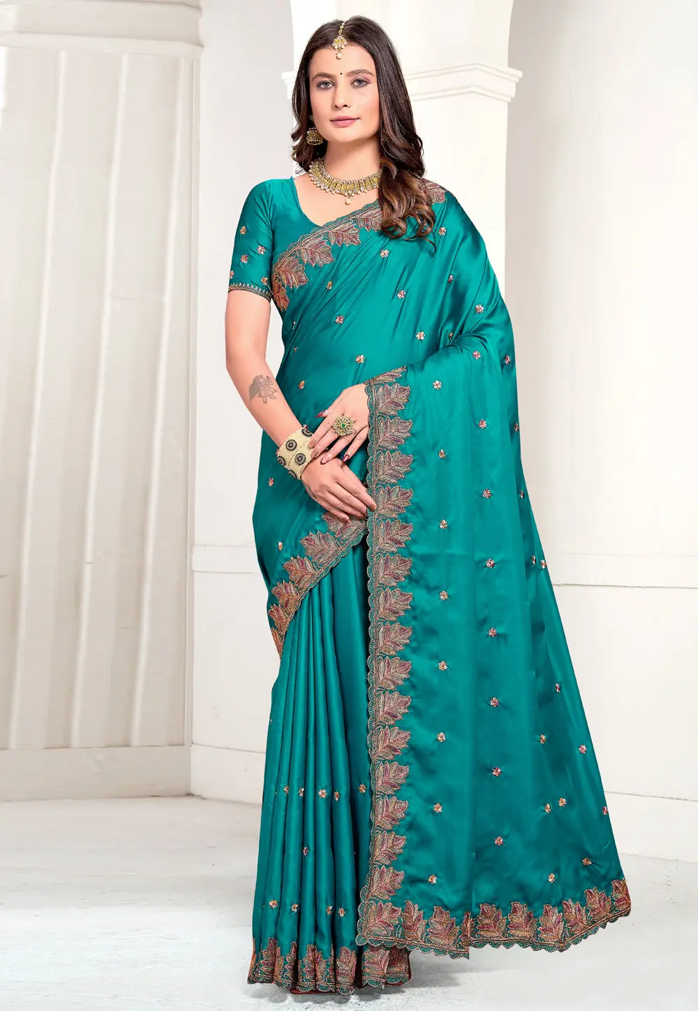 Teal Satin Saree With Blouse 299451