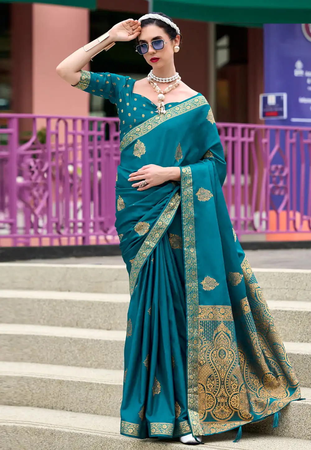 Teal Satin Saree With Blouse 293167