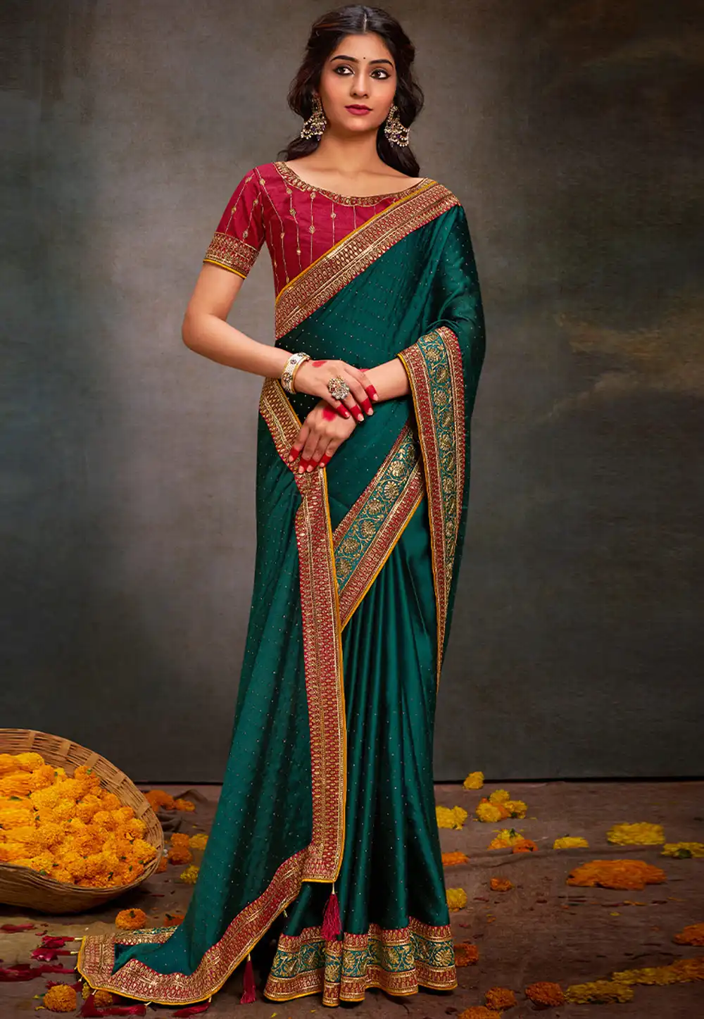 Teal Satin Saree With Blouse 291977