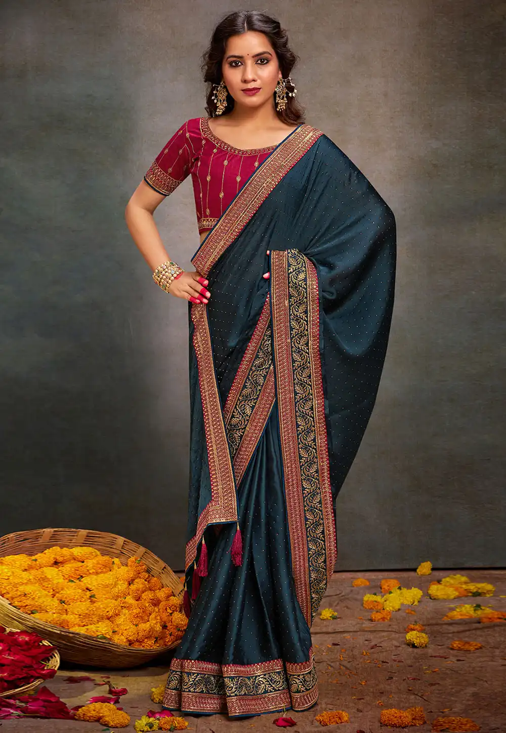 Teal Satin Saree With Blouse 291979