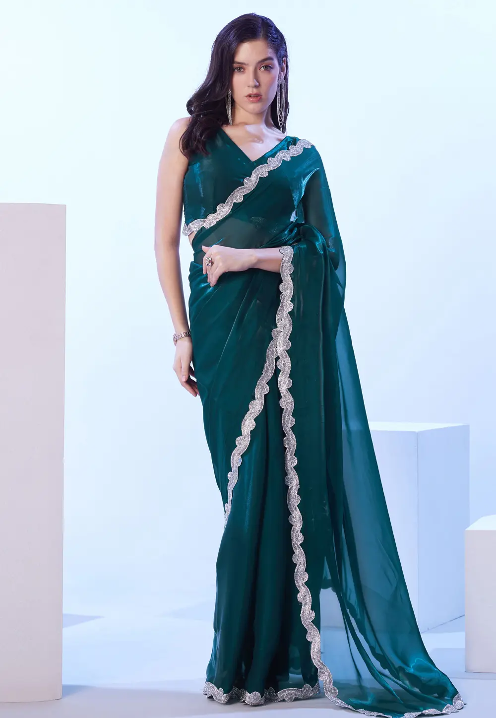 Teal Satin Saree With Blouse 302812