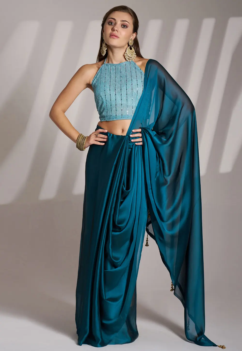 Teal Satin Saree With Blouse 304531