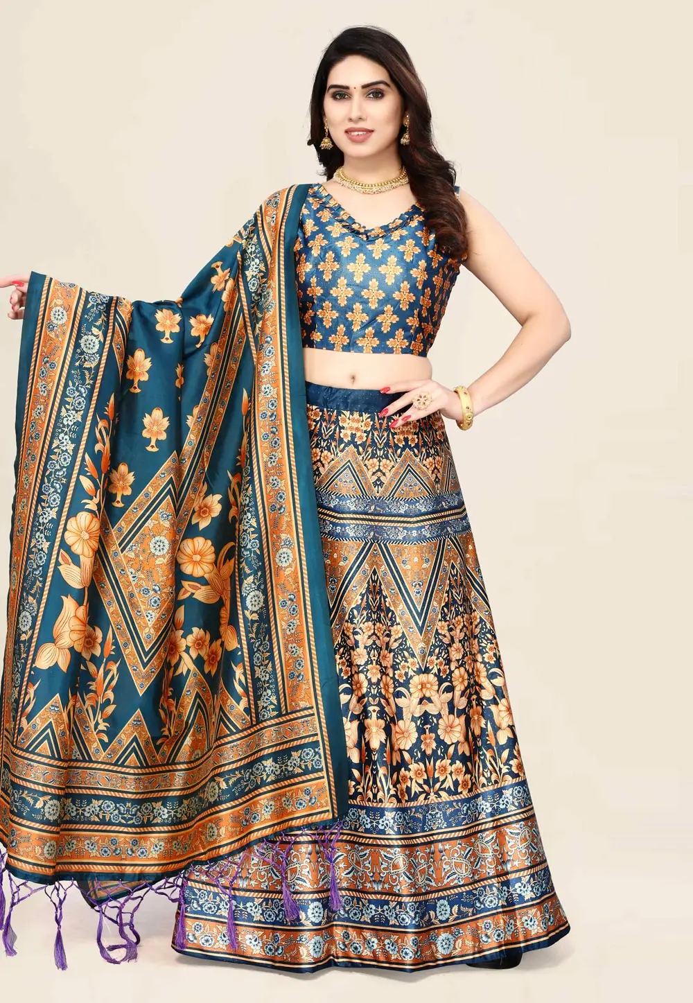 Teal Satin Silk Floral Lehenga choli 297159