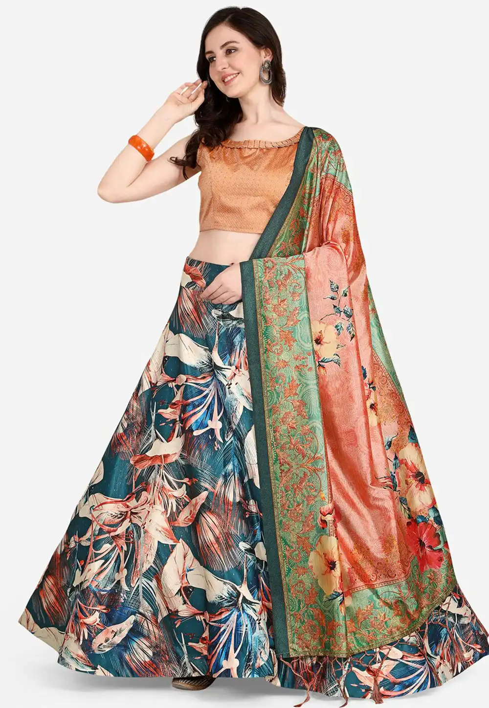 Teal Satin Silk Floral Lehenga choli 290448