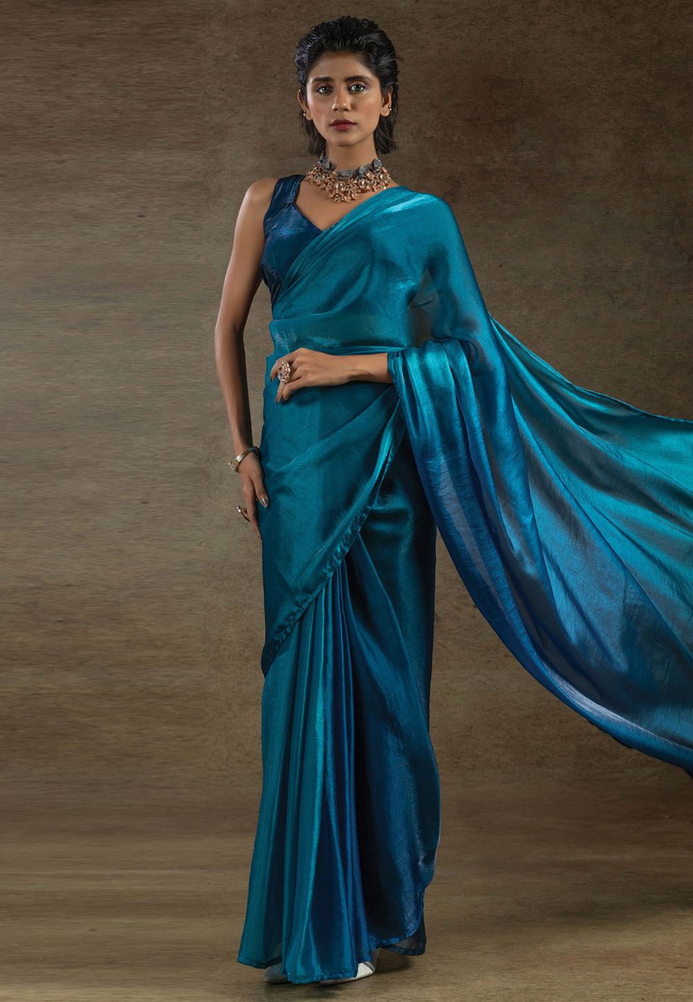 Teal Satin Silk Lehenga Saree 309130