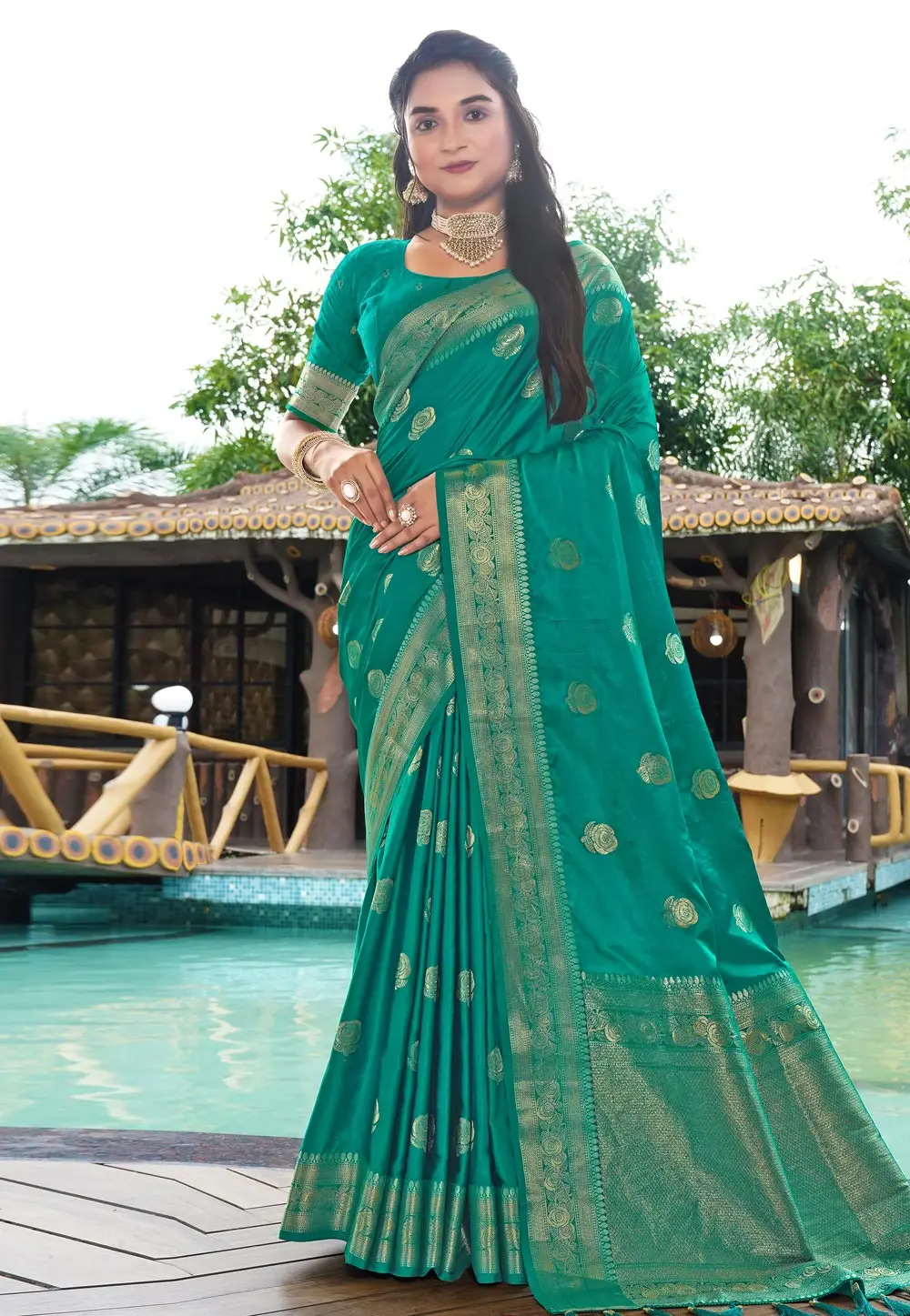 Teal Satin Silk Saree With Blouse 296196