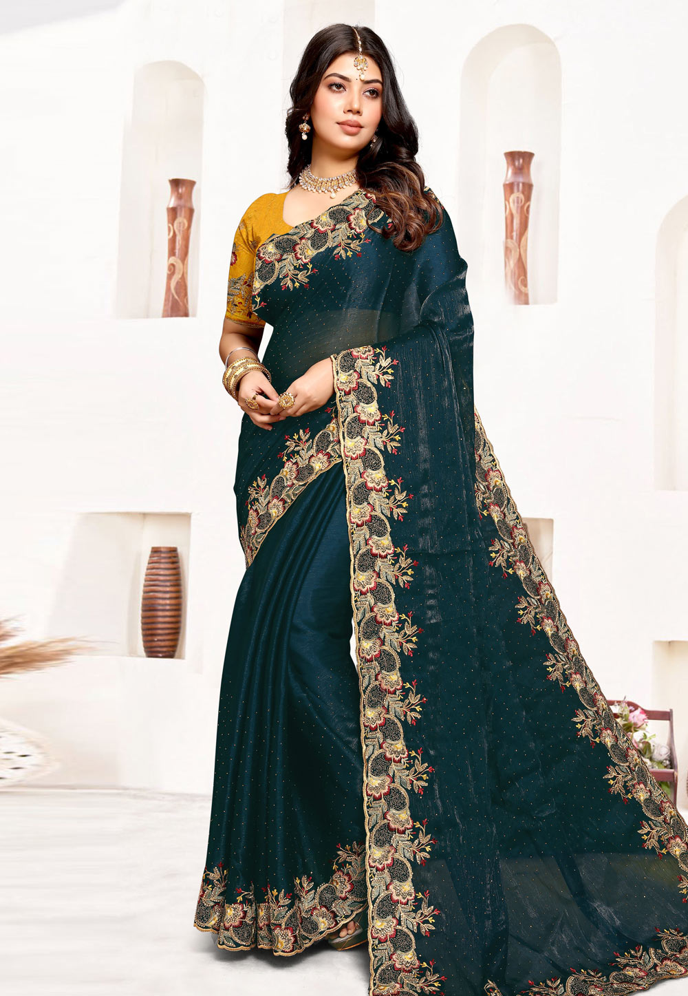 Teal Satin Silk Saree With Blouse 286497