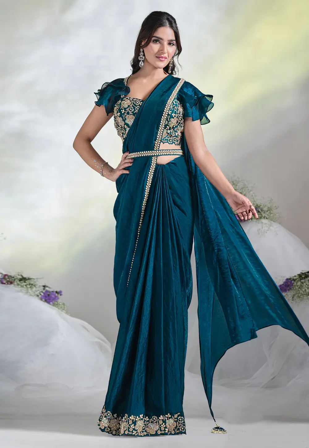 Teal Satin Silk Saree With Blouse 295894